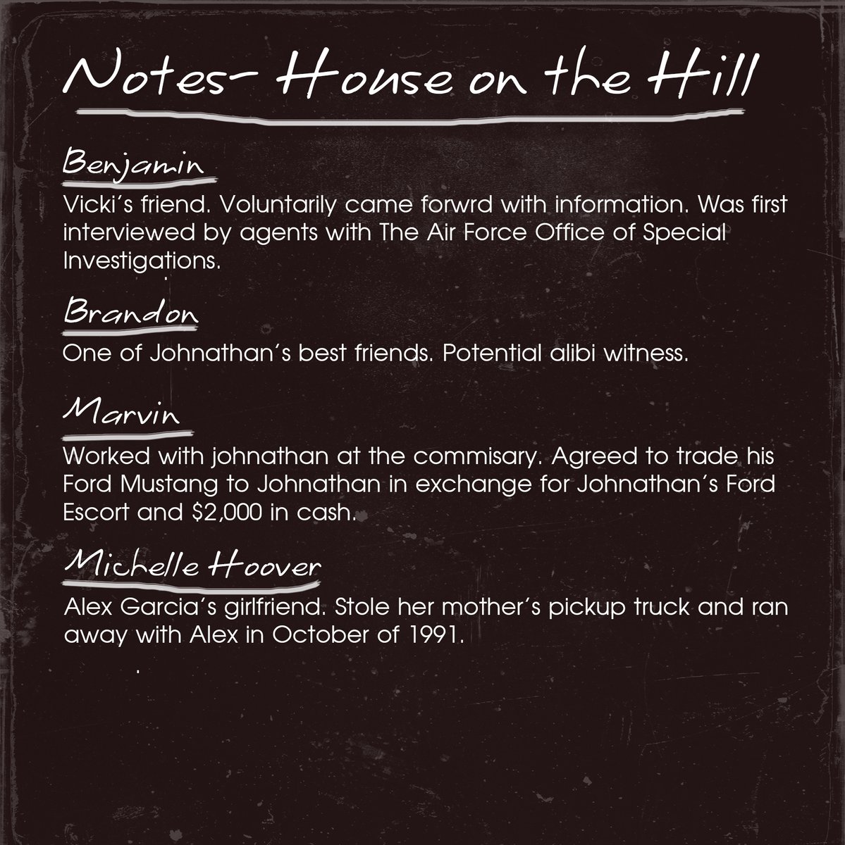 Detective notes for tomorrow's episode- House on the Hill.

#truecrime #truecrimepodcast