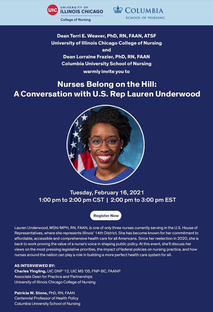#UICNurses: Join us for a very special event next Tuesday, 2/16 at 1pm CST: “Nurses Belong on the Hill: A Conversation with U.S. Rep Lauren Underwood,” hosted in collaboration with <a href="/ColumbiaNursing/">Columbia Nursing</a> and <a href="/RepUnderwood/">Rep. Lauren Underwood</a>. Register: bit.ly/3aNpX0i