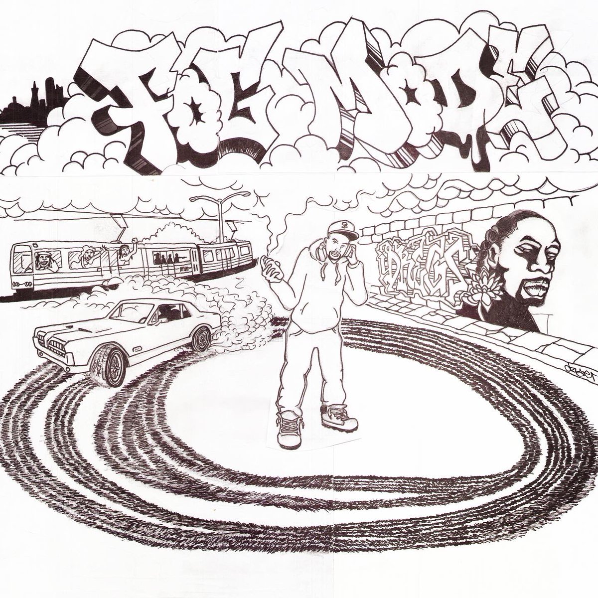 Dregs_One's tweet photo. My album is finished... cover sketch by my bro DZYER, one of my biggest graffiti inspirations &amp; my mentor in this artform. We’ve collaborated on several projects, including the @cougnut415 mural which we depicted on the cover. Wait til yall see the completed version! ☁️ https://t.co/4wdJKnTB7j
