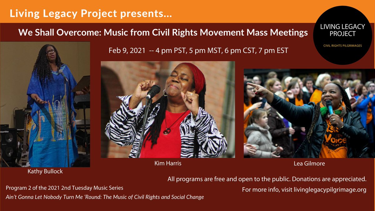 Tonight, sing along with the music of Civil Rights Movement mass meetings with three amazing vocalists and historians: Kathy Bullock, Lea Gilmore, and Kim Harris. Free and open to all. uulivinglegacy.org/crmusic1.html #CivilRights #civilrightsmovement #BlackHistoryMonth #uu