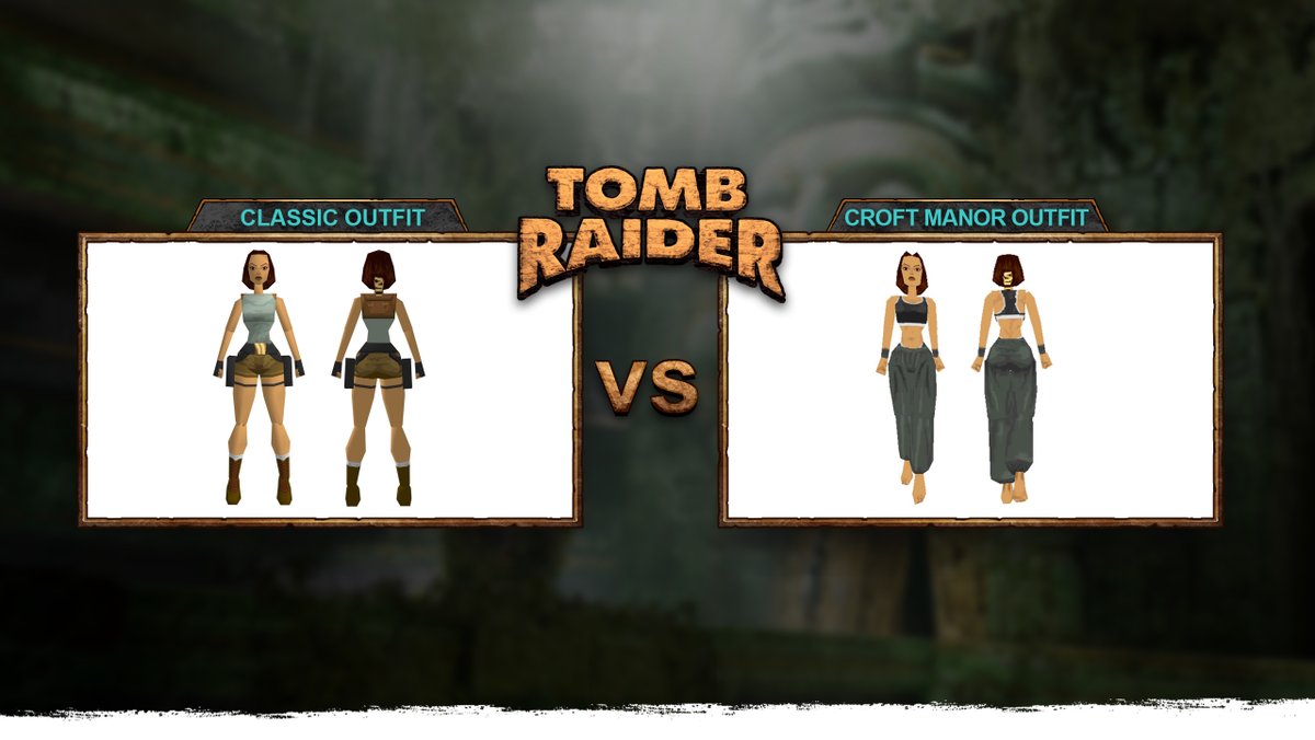 A rectangular image with a faded background of a tomb interior. In the middle is the classic Tomb Raider logo above "vs." text which is placed in between two images. On the left is an image of Lara Croft in her classic outfit and on the right is an image of Lara Croft in her Croft Manor outfit.