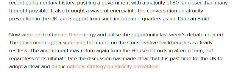 The campaign should be commended for again pushing the gov't surprisingly close & again bringing considerable energy to the debate. Regardless of the fate of the amendment, that energy can now push meaningful policy changes, to not only punish but prevent atrocities