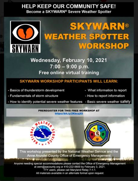 W3VPR's tweet photo. REMINDER:  Virtual SkyWarn Spotter Class -- Wed, Feb.10, 2021 
Anne Arundel County SkyWarn is partnering with the National Weather Service for a FREE SKYWARN® Basics Course. 

Registration is required to attend.  If you have not signed up yet, go to:  https://t.co/aqGr39GOqx https://t.co/2fiQE4sw32