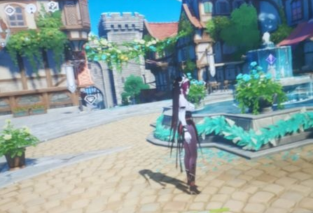 A rather squished picture of Rosaria standing amongst the Mondstadt decorations.