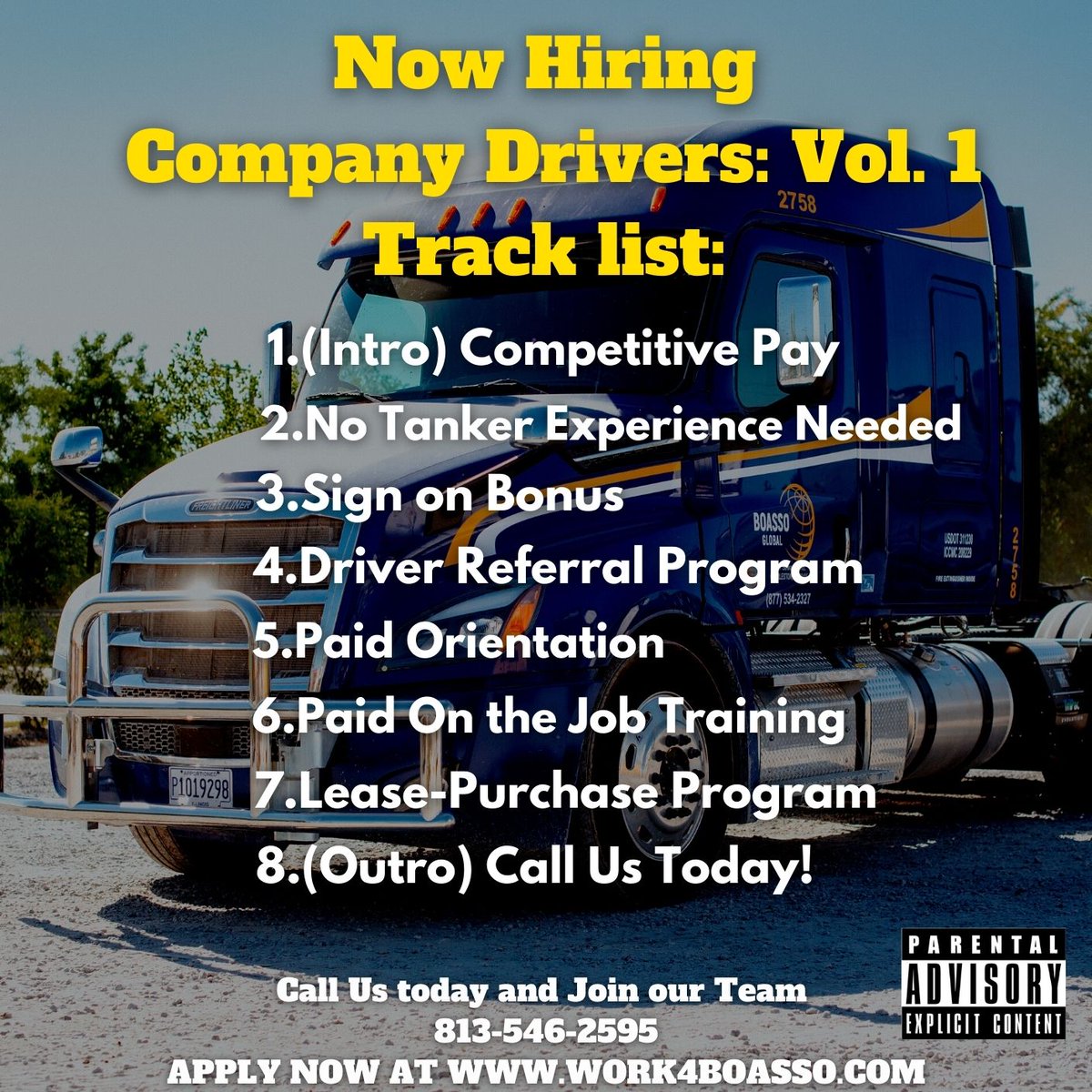 We are hiring company drivers, please apply online at work4boasso.com