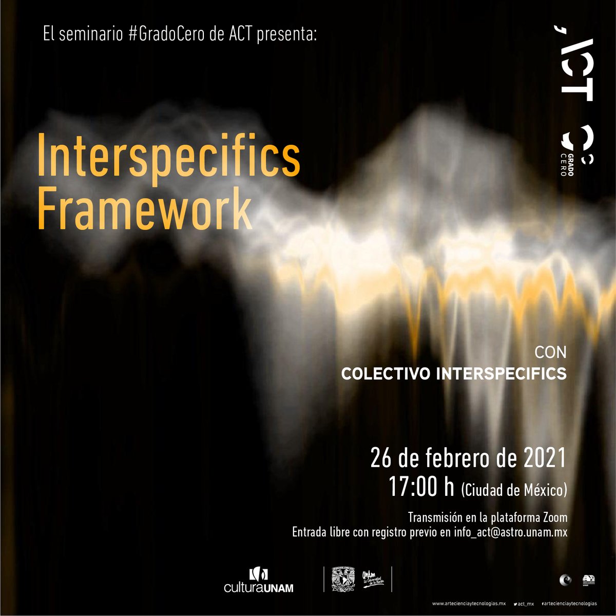 🦠¡Ya viene #GradoCero!
En 'Interspecifics Framework', el colectivo <a href="/interspecifics/">Interspecifics</a> abordará sus metodologías para explorar patrones que emergen de las bioseñales y de la morfología de diferentes organismos vivos.
26 FEB, 5 pm
Transimisión: Zoom
Registro en info_act@astro.unam.mx
