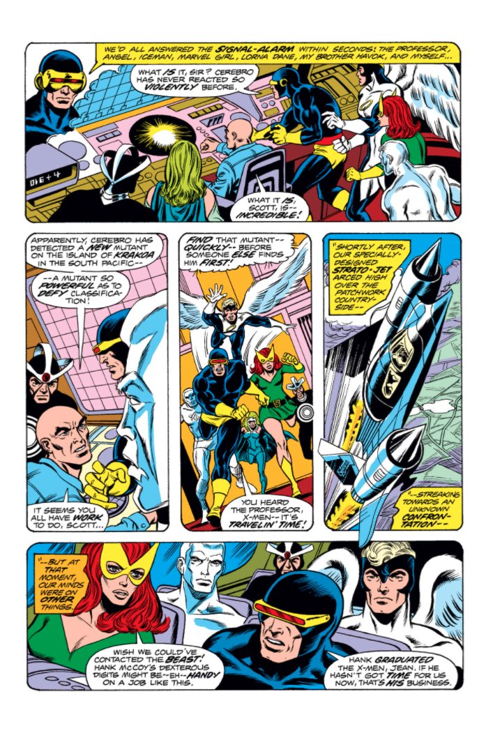 Cockrum also gave Cyclops a new, more rounded visor. You can see the older version (drawn here by Neal Adams) and then Cockrum drawing both versions on the same page.