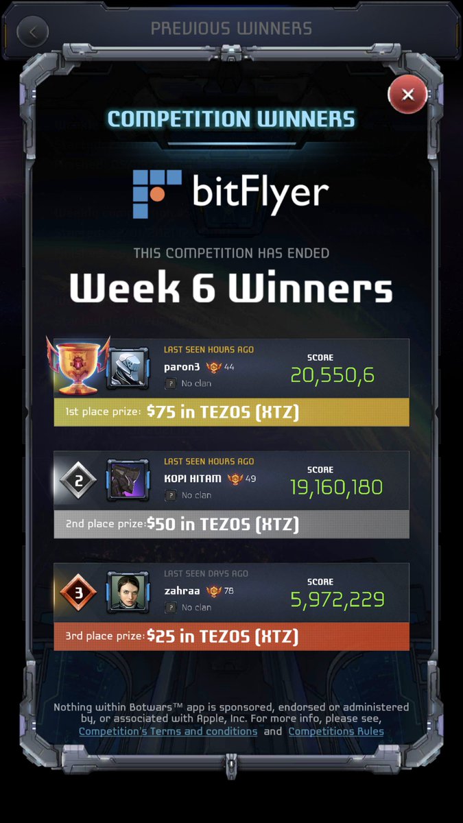 Last weeks #winners have be sent their #XTZ #Tezos #prizes 🚀
Join the weekly competitions to win: 
botwars.com

#cryptocurrency #trading #cryptotrading #cryptogaming #gaming