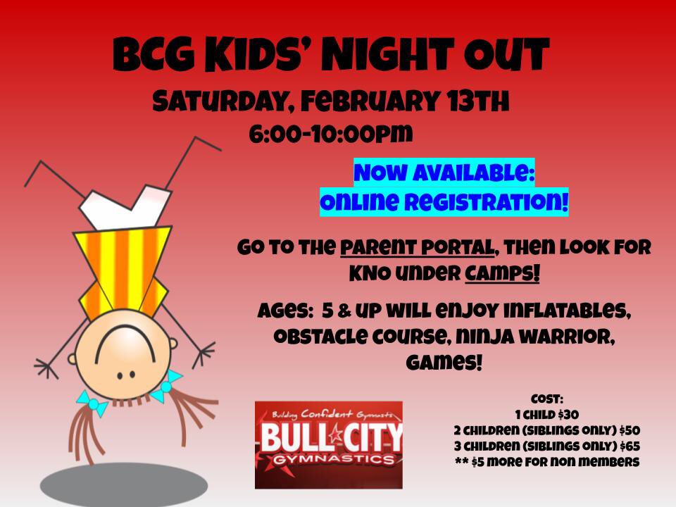 BullCityGym's tweet photo. Don’t miss our next Kids’ Night Out, Saturday, February 13th 6-10 pm! Registration is now available ONLINE! Kids will have a blast with inflatables, obstacle courses, ninja warrior and games! 
#BCGkidsnightout https://t.co/FPwR5f2WSL