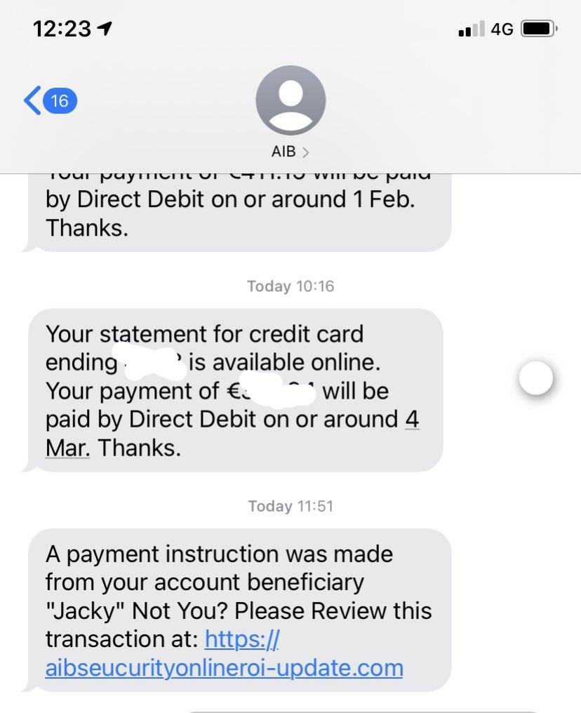 robertocoyleo's tweet photo. @AskAIB Got this text scam yesterday. Very scary especially since It was in the same message thread as my credit card statements. And has a very good replica site. I want to highlight this scam to other people. https://t.co/4byVdKT2pj