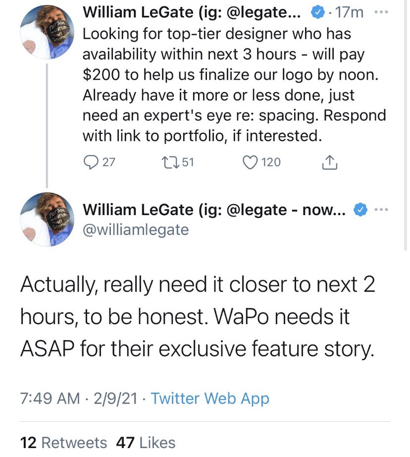 BrettRSmith76's tweet photo. $200 for a 2 hour rush job to fine tune a Corporate Logo? I guess they're not looking for an actual professional commercial artist but instead a gullible hack to take advantage of.
Also this little shit has be Blocked - #GenerationWuss
#CameraHogg https://t.co/KbkJRzUFkt