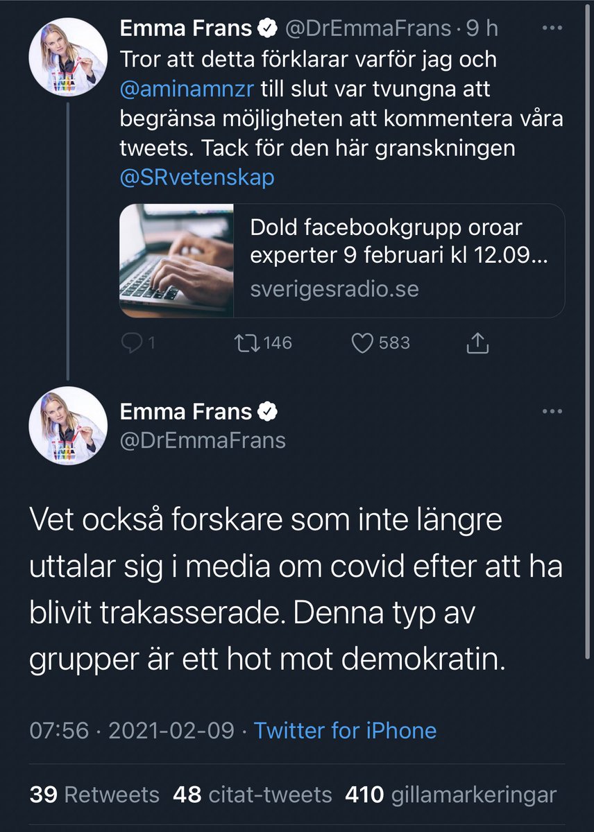 alex_seibar88's tweet image. Lek med tanken att en FB-grupp med läkare och forskare kritiserar sitt lands hantering av covid i exempelvis Ryssland, USA eller Wuhan... (I alla dessa länder har läkare varit starkt kritiska). 

Hur hade vi i Sverige bedömt det? Ett hot mot demokratin? Krävt namnpublicering?