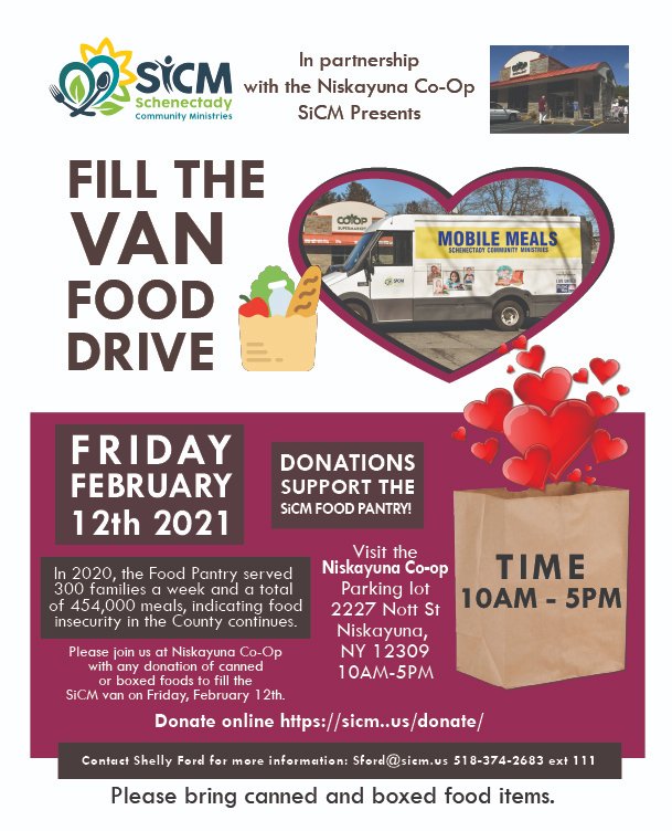 Visit us at the <a href="/Niskayuna_Coop/">Niskayuna Co-op</a> today and help us fill the van with donations of non-perishable food items and personal care items. We will be here at 2227 Nott St, in Niskayuna from 10AM-5PM - just look for the van! #dogood #giveback #foodpantry #schenectady #sicm