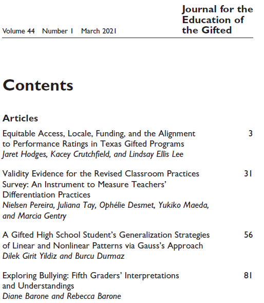Hot off the presses! 📰
The new <a href="/jegcec1/">jegcec</a> issue is out, It includes international research, articles from 1st authors <a href="/HodgesJaret/">Jaret Hodges</a> and @nielsen_pereira, and more. @JenniferLJolly1 and <a href="/JenHRobins/">Jennifer Robins</a> put together a great issue!
#gifted <a href="/CECTAG/">TAG</a> <a href="/CECMembership/">Council for Exceptional Children</a>
journals.sagepub.com/toc/jegb/44/1