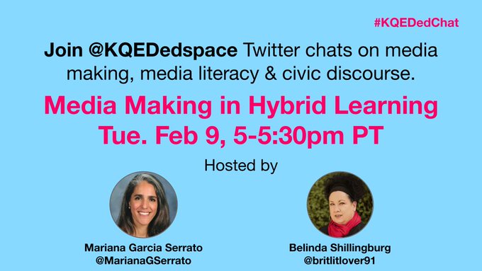 britlitlover91's tweet photo. Join Mariana and I tomorrow, February 9th for #KQEDedChat! Our topic is #mediamaking in #distancelearning & #hybridlearning
@MarianaGSerrato and
@britlitlover91 to discuss w/ peers how to overcome challenges & better support Ss. https://t.co/5uQfIoZw43