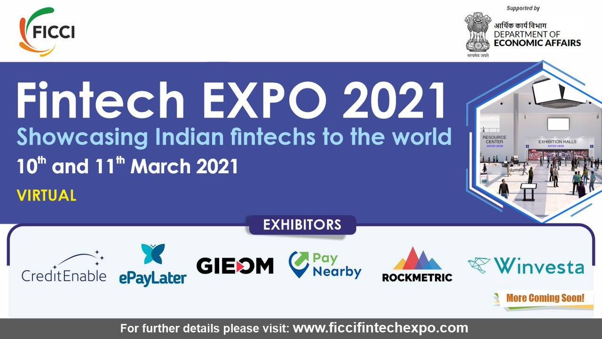 ficci_india's tweet photo. FICCI is organizing a virtual #FintechExpo on 10-11 March 2021. Join us to witness some of the most innovative fintech and their solutions. For registration visit https://t.co/UZGB9K6beS https://t.co/EY2NQdH7rP