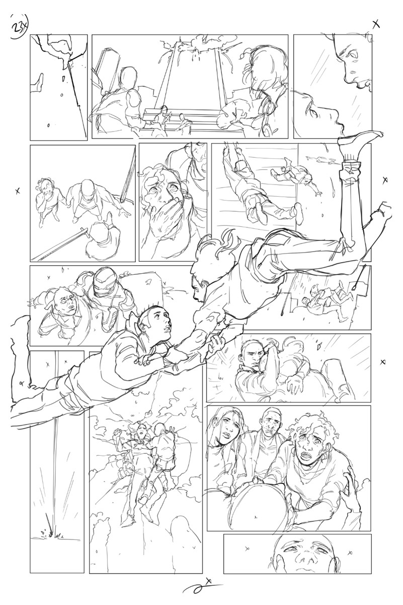 Probably my best page of Volume 1, fittingly, coming nearly to the end of the arc. There was a lot of action specified in the script that had to be shown, and the layout went through many, many iterations before I was satisfied with it. Brittany is wearing my favourite sweater.