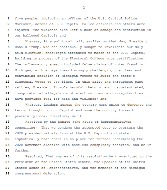 I know my colleagues  @SenErikaGeiss and Senator  @Adamant4Detroit sponsored SCR 3 to simply condemn the coup attempt to overturn the 2020 election – and it too was sent to the Committee on Government Operations. Again that's where bills in the Michigan Senate go to die. 4/
