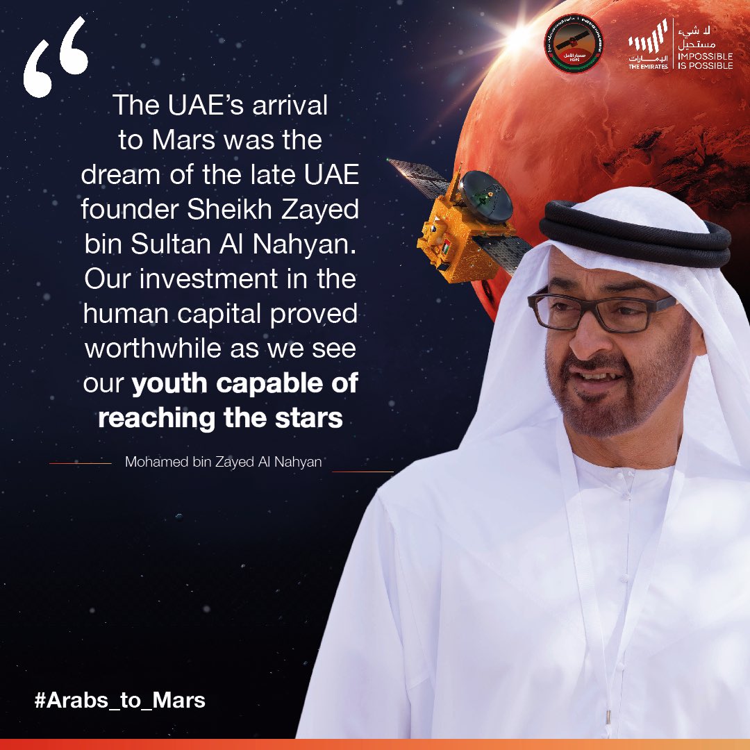 ADMediaOffice's tweet photo. The #Hope_Probe is a victory despite current challenges that the world is facing. The arrival of the #Hope_Probe in Mars’ atmosphere marks the start of a new era: ‘Zayed’s dream realised’ #Arabs_to_Mars https://t.co/VZN4UqrteU