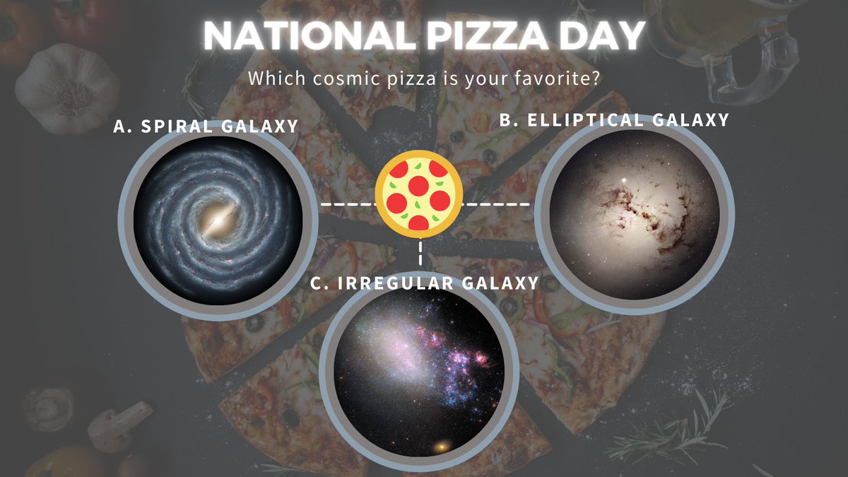 National Pizza Day: Which cosmic pizza is your favorite? A. Spiral Galaxy B. Elliptical Galaxy C. Irregular Galaxy