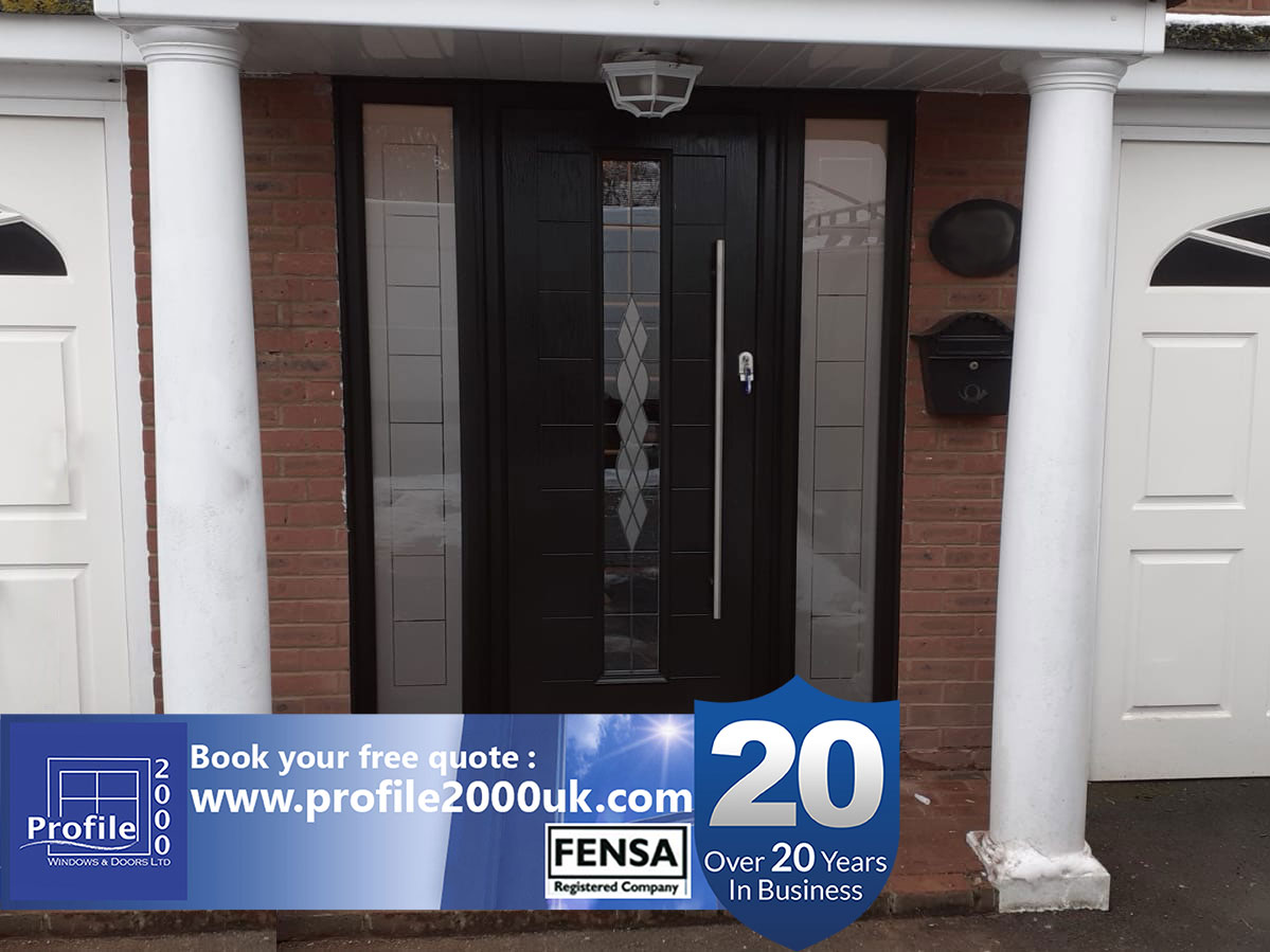 Black composite door with long bar handle. The stylish glass design extended on to both sidelights mirrors the embossed door pattern.

Free quote at : profile2000uk.com

 ✅Over 20 Years In Business 
 ✅⭐⭐⭐⭐⭐TrustaTrader-Google-FB
 ✅Stay safe folks🙏❤