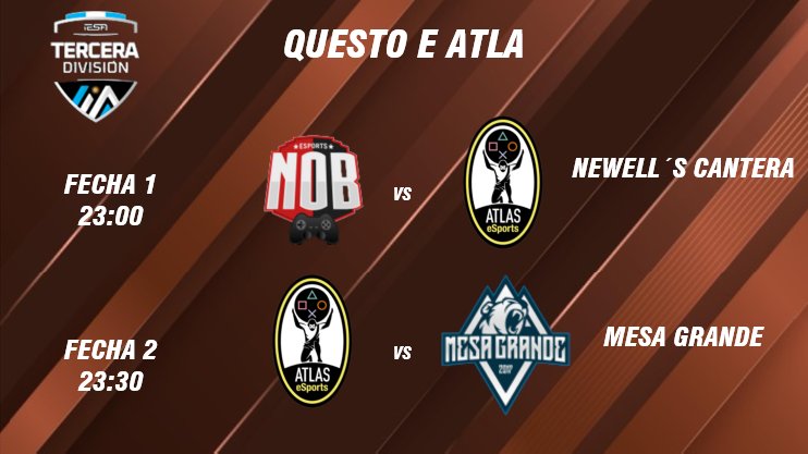 QuestoEAtla's tweet photo. ¡Hoy volvemos al ruedo!
Una vez más, nos presentamos en la Tercera División de @IESAFIFAar . 
En la jornada de hoy enfrentaremos a @NewellsCantera y @MesaGrandeFC.
Todos juntos para el mismo lado, #DaleAtlas 💪🏽.
#ArrancaIESA https://t.co/Xoap6WbB9L