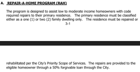Joe Jones asks about the Repair-a-Home program. Commissioner Jackson says avg $60k spent per unit, 50% of which is a loan to homeowner, forgiveable after 5 years of occupancy