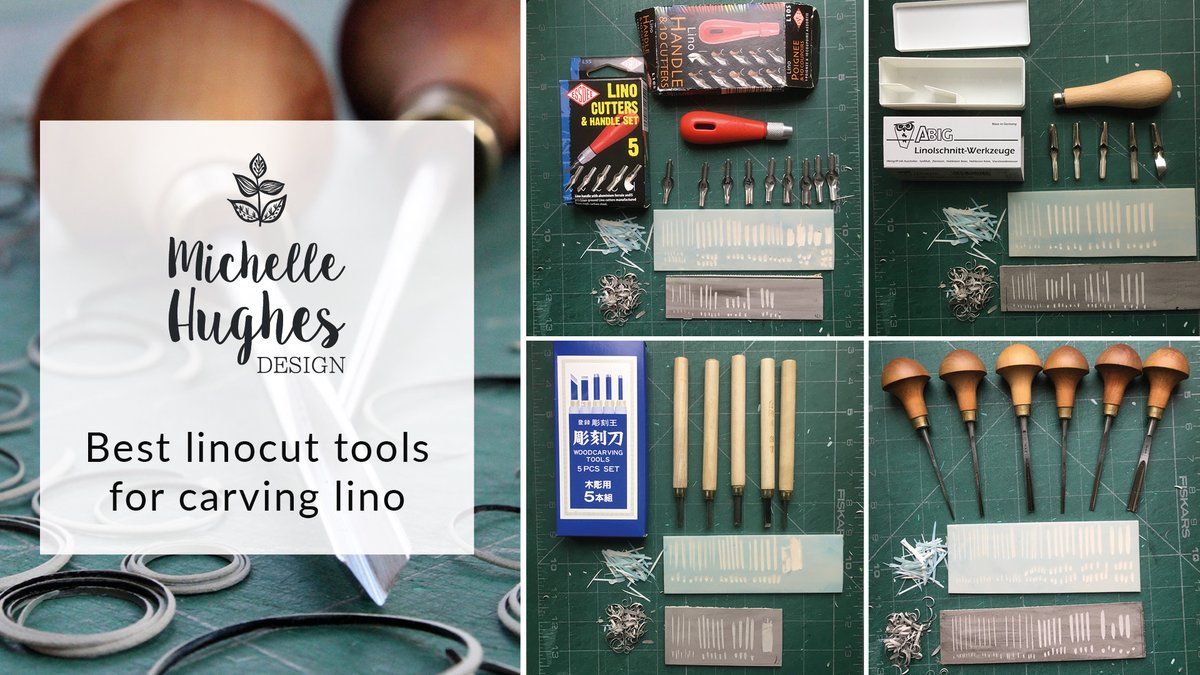 Design_York's tweet photo. New blog: Best #linocut tools for carving lino. I've compared 3 types of #linocuttools for beginners &amp; a professional set. A demo video shows each being used on different types of lino. 
https://t.co/MCyM9WhAwZ

#printmaking #ReliefPrint #BlockPrint #LockdownLearning #linoprint https://t.co/MtqgqdUBbg