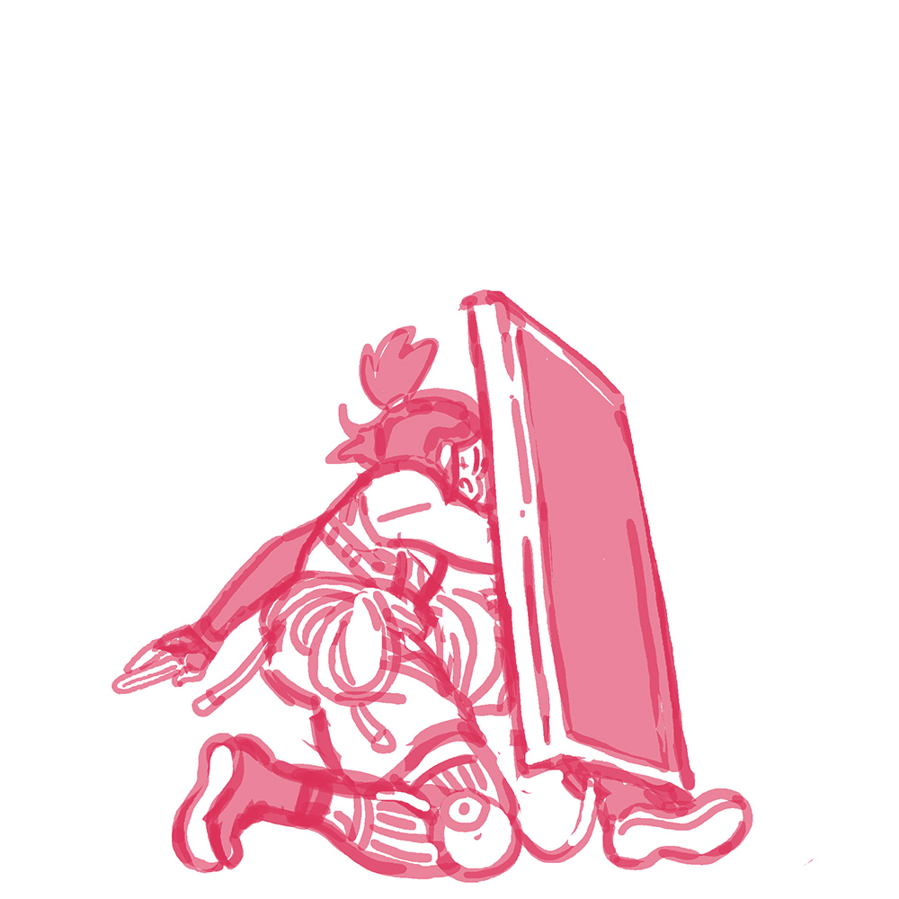 Roughs for the different positions are quicker now that the character design is established, but sometimes there's tweaks here or there. In this case, we wanted Keiban's phone to show more during the damaged pose.