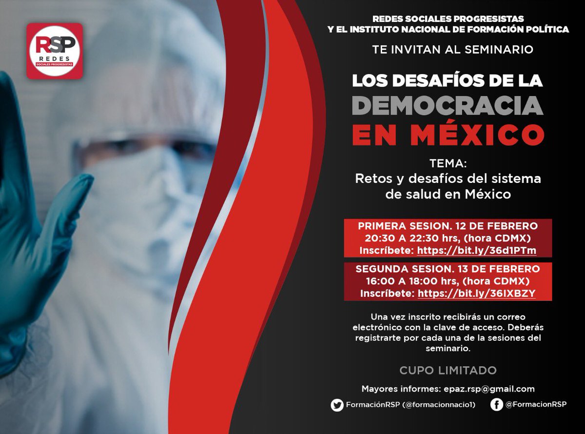 Redes Sociales Progresistas y el Instituto Nacional de Formación Política te invitan al seminario “Los desafíos de la democracia en México” 💻Sesión en línea vía Zoom ✍️Inscríbete en bit.ly/3cNSWDw