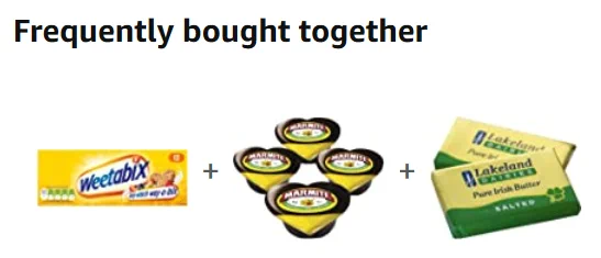 Screen grab of the two most frequently bought items on Amazon purchased with Weetabix, which include Marmite and Lakeland Pure Irish Butter. 