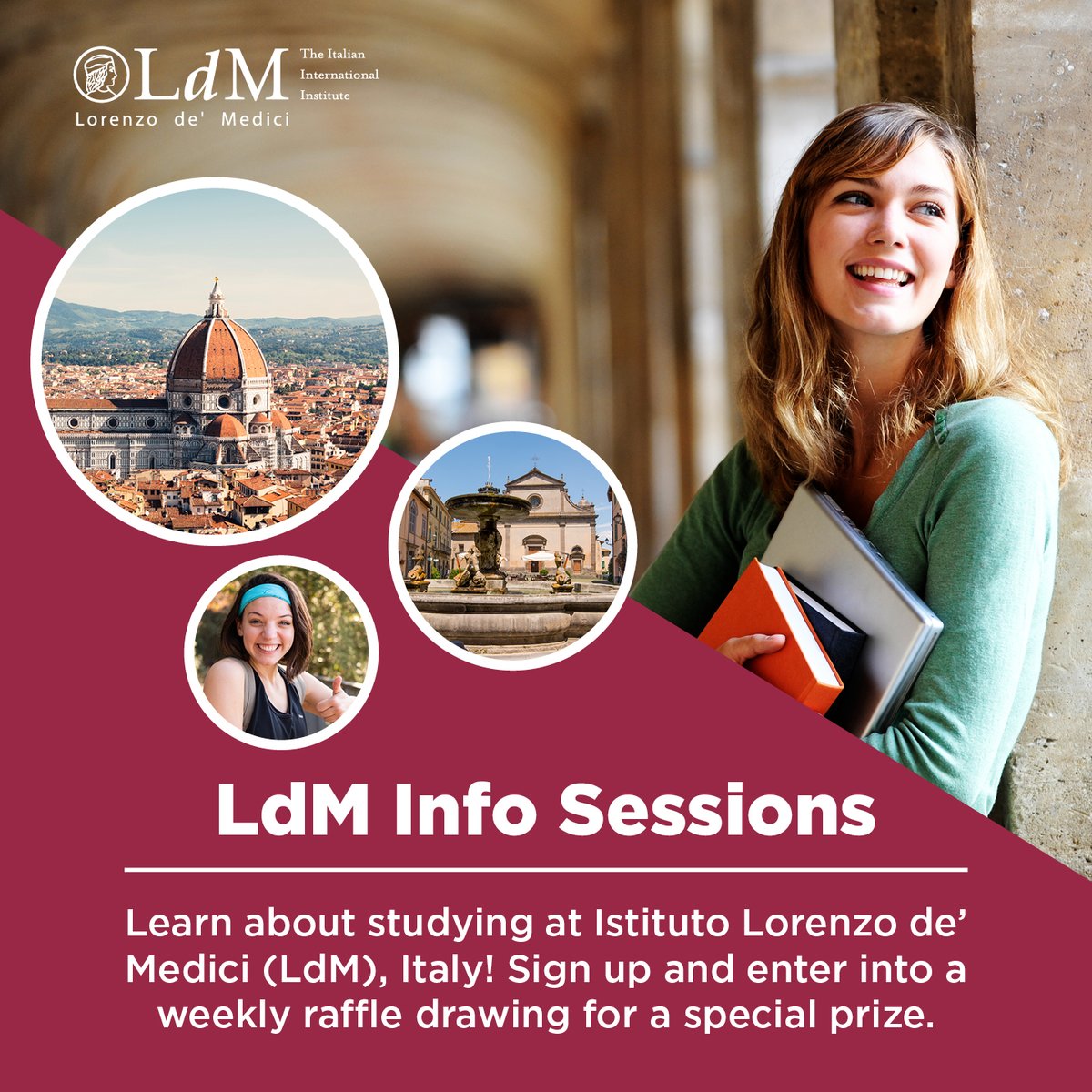 Istituto_LdM's tweet photo. Register to attend @Istituto_LdM live sessions this month on Tues &amp; Weds. Attendees will learn about LdM programs, housing, student activities and more. Feel free to ask the questions you’d like about studying in Italy at LdM! Sign up here today: https://t.co/COMDu3t888. https://t.co/OQxF95nmEM