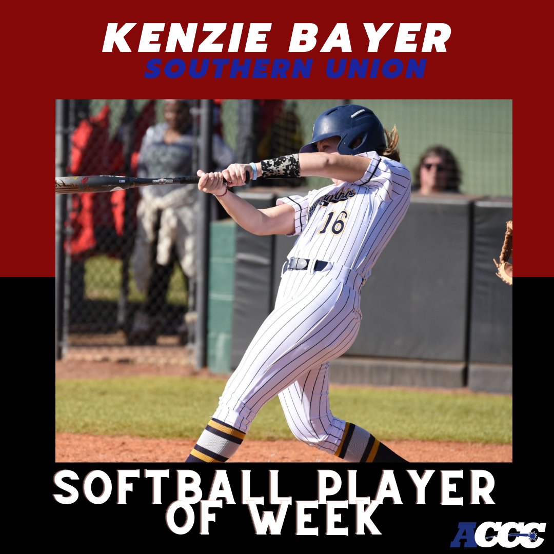 🏅 Kenzie Bayer  <a href="/acccathletics/">ACCC</a> Softball Player of the Week!
🥎 : <a href="/SouthernUnionSC/">SUCommunityCollege</a>  <a href="/SUSCC_Athletics/">SU Athletics</a> 
📰 : acccathletics.com/aotw/Kenzie_Ba…