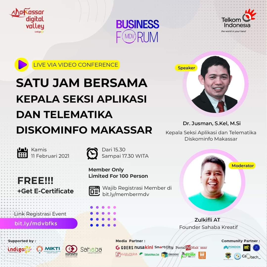 LIMITED SEAT !
Online Session MDV Business Forum
bersama Dr. Jusman, S.Kel, M.Si   Talkshow ini akan dipandu oleh moderator, Zulkifli AT yang merupakan Founder Sahaba Kreatif. registrasi di bit.ly/membermdv