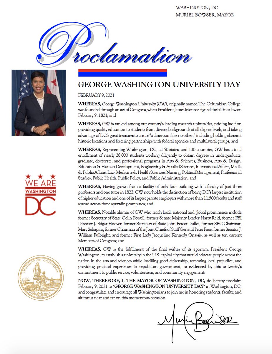 Mayor Muriel Bowser (@mayorbowser) on Twitter photo Happy 200th <a href="/GWtweets/">GW University</a>! Join me in honoring students, faculty, and alumnus near and far on this momentous occasion. Happy 200th <a href="/GWtweets/">GW University</a>! Join me in honoring students, faculty, and alumnus near and far on this momentous occasion.