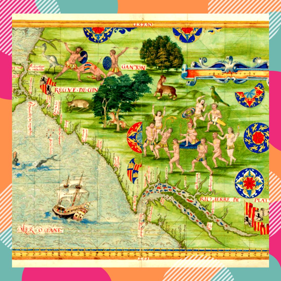 🗺️ Mapa Rio de la Plata i Patagonia (1556). La senyera catalana es present arreu, en ocasions amb un castell que no sembla el de Castella i d'altres amb un lleó que sembla el d'Anglaterra ☝️

📌Bibliothèque Nationale de France. "Lancer l'album", imatge 17: expositions.bnf.fr/marine/albums/…