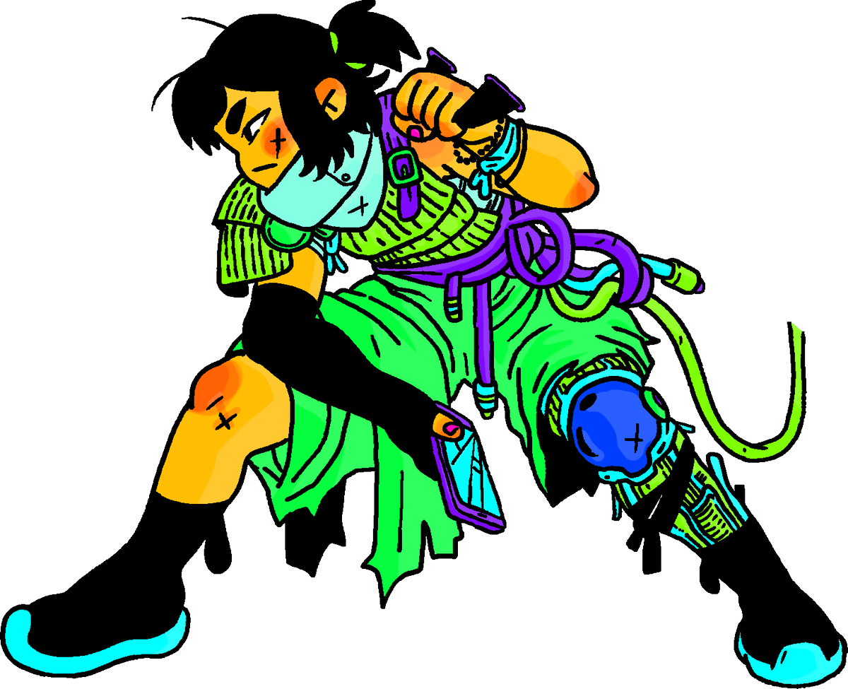 Next up,  @SaganYee stepped in to colour and shade the character. In Keiban's case, the shield is a separate image so won't show up here. Also, we colour our characters with a funky colour scheme to allow for easy palette swapping— which we'll show off a bit later.