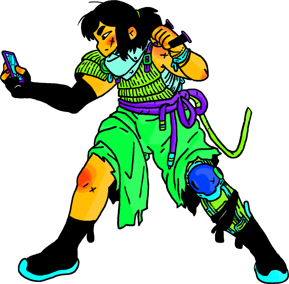 Next up,  @SaganYee stepped in to colour and shade the character. In Keiban's case, the shield is a separate image so won't show up here. Also, we colour our characters with a funky colour scheme to allow for easy palette swapping— which we'll show off a bit later.