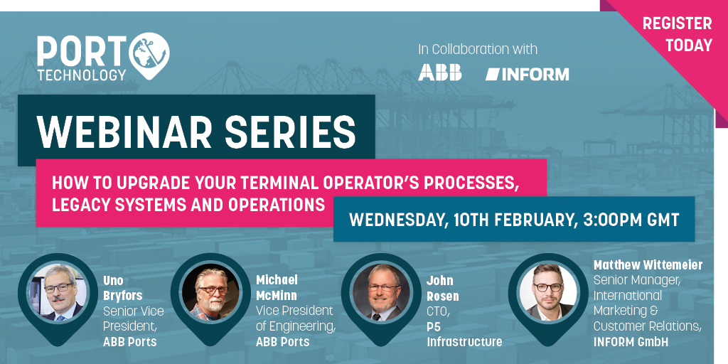 ABBMarine's tweet image. Meet the speakers of tomorrow’s #PortTechnology webinar: Uno Bryfors and Michael McMinn from #ABB, John Rosen from #P5Infrastructure and colleagues from #Inform. Register here to join the discussion about upgrading #containerterminals for the future:  bddy.me/3jAAQpW
