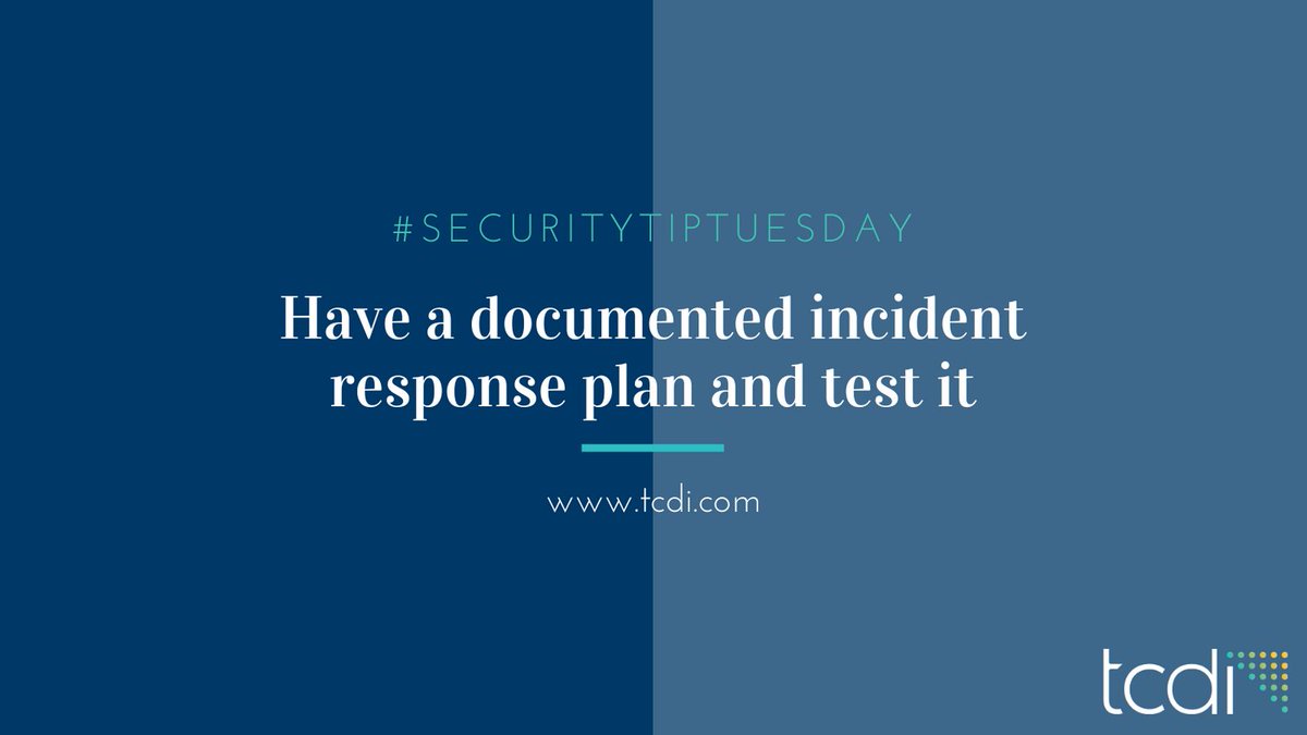 tcdi's tweet photo. It is important to have a documented incident response plan and to test that plan using a table-top exercise. This will prevent your team from having to make on-the-fly decisions. #SecurityTipTuesday #databreach #incidentresponse #incidentresponseplan https://t.co/OsbjkhP96q