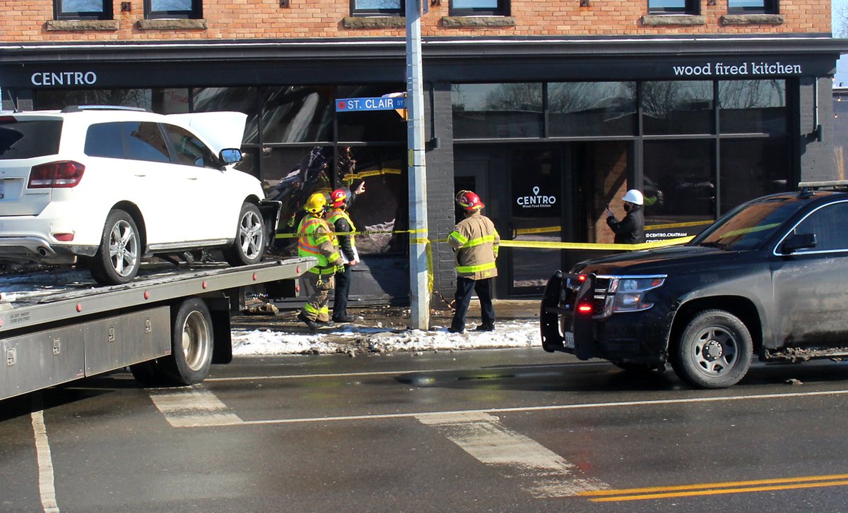 Chatham-Kent police, fire and paramedics responded after a minivan crashed into the Centro restaurant building at the corner of Grand Avenue and St. Clair Street in Chatham on Tuesday around 11:30 a.m. 
More details will be provided as they become available. #ckont