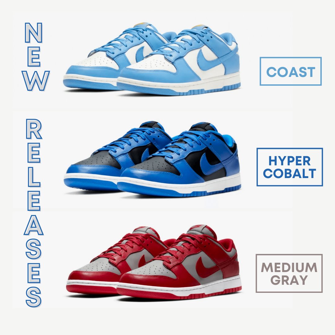 TopTierKickzz's tweet photo. These 35-year-old #sneakers are still very much on trend: #Nike is about to introduce 3 new #DunkLow1: the #Coast, #HyperCobalt & #MediumGrey, which will be released on February 18.
What do you think of the 3 new colorways?
#shoesaddict #sneakerheads #streetwear #tuesdaymood https://t.co/o7X1jN3Af3
