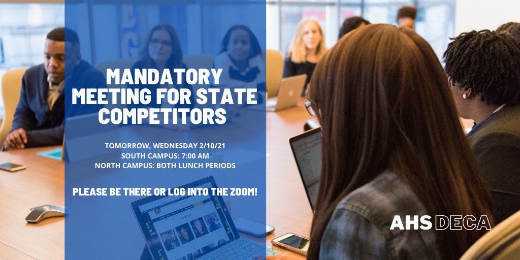 Arrowhead_DECA's tweet photo. All state competitors: meeting TOMORROW! Stop in or log in! 🔷⭐️🅰️ #wideca #deca #ahsmarketing https://t.co/ozoNV6H9kW