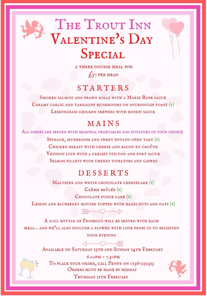 Uzivatel Trout Inn Lechlade Na Twitteru Here Is Our Special Valentine S Menu Available On Saturday And Sunday Evening Flowers Will Be Supplied By Local Business Blueanboheme Call Now To Book Your Meal