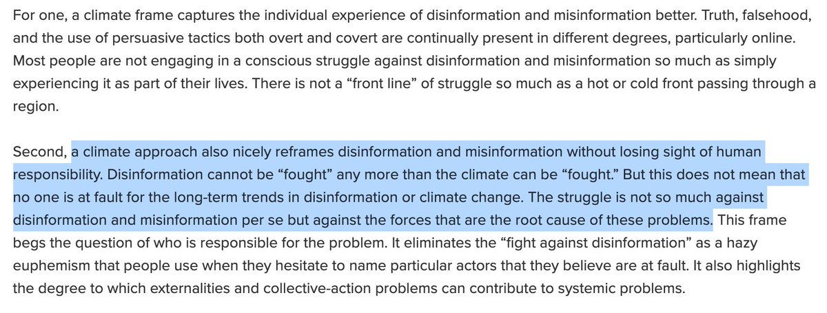 I'm still cataloging existing alternatives. One of my favs so far is  @timhwang suggestion of a climate metaphor  https://mediawell.ssrc.org/expert-reflections/deconstructing-the-disinformation-war/