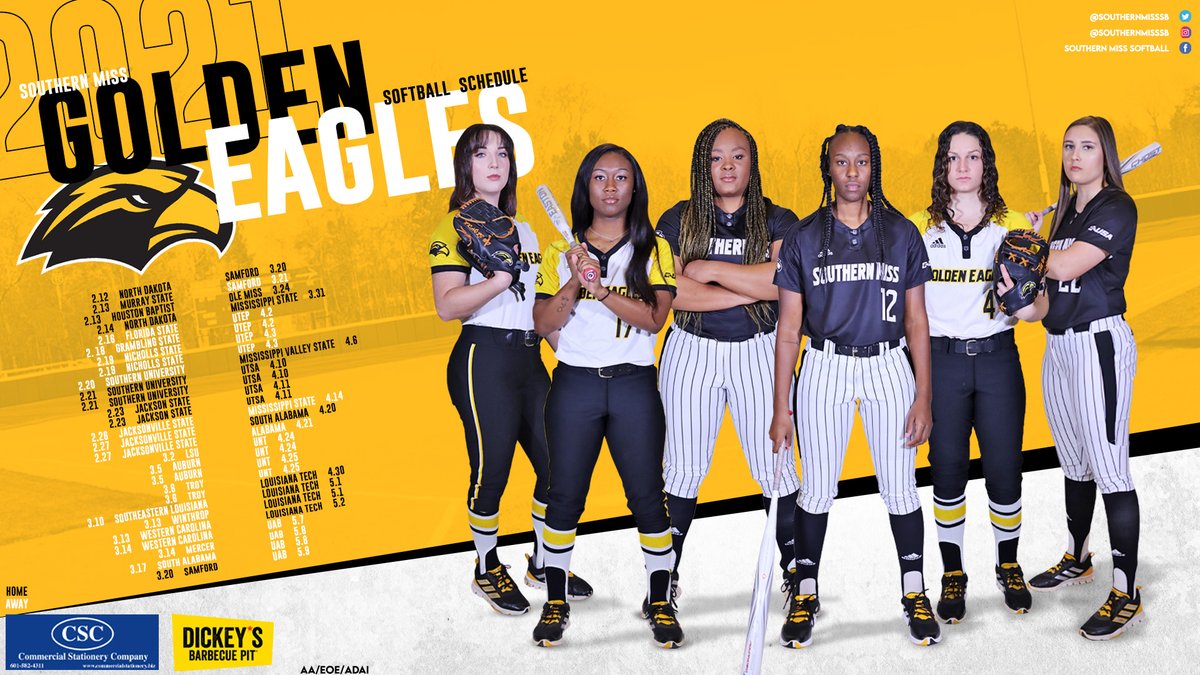 The Southern Miss Softball season begins this weekend with the Black &amp; Gold Invitational❕ Wear gold to support your Eagles🦅

⚫Friday vs North Dakota 4:30 PM 
⚫Saturday vs Murray State 11:30 AM 
⚫Saturday vs Houston Baptist 2:00 PM 
⚫Sunday vs North Dakota 2:00 PM