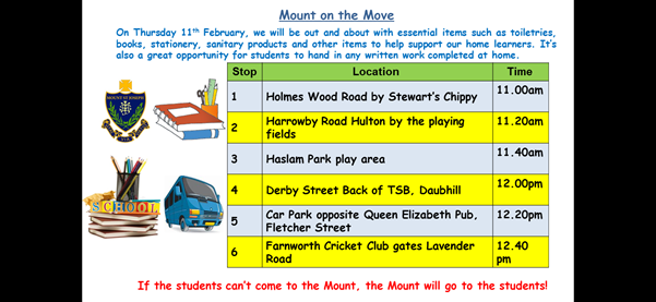 On Thursday 11th February, as part of our continuing commitment to our students and our community, the school minibus will be out delivering essential items such as stationery, books and toiletries etc. Come and see us at the following places and times #MSJCommunity