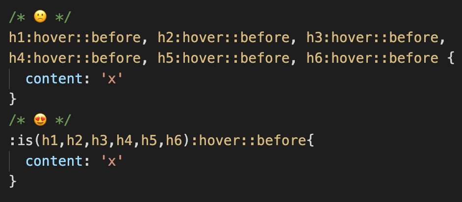 codepo8's tweet image. The :is selector of CSS is such a great way to avoid repetition.
developer.mozilla.org/en-US/docs/Web…