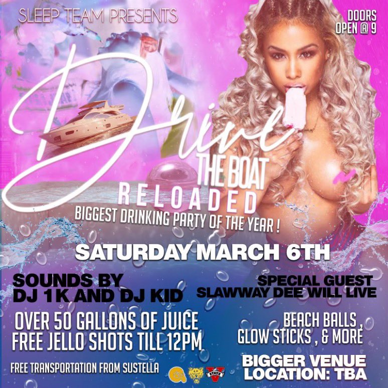itsshiaaa's tweet photo. #DriveTheBoat2k21 ๐พ๐ฅ
Saturday, March 6th ๐
OVER 50 GALLONS OF FREE JUICE ๐ฅค
@DeeWillMAFIA LIVE ๐ค
Sounds by @1kTimm & @_Djkidilikedat ๐ง
#AsuVsVsu #AsuInvasion https://t.co/qU3tMBiimS