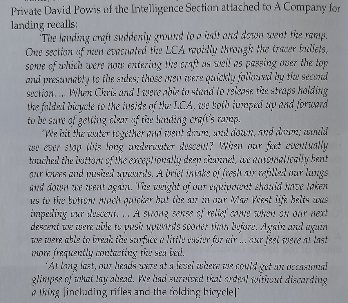 Again, many 2 Devon accounts mention the deep water caused by disembarking further out, behind the obstacles. This one is from 'Gold Beach Jig' by Tim Saunders.
